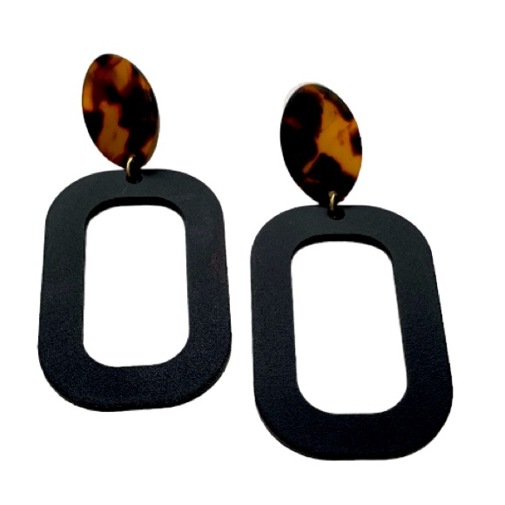 Black Leather Block Tortoise Earrings Festival Goth